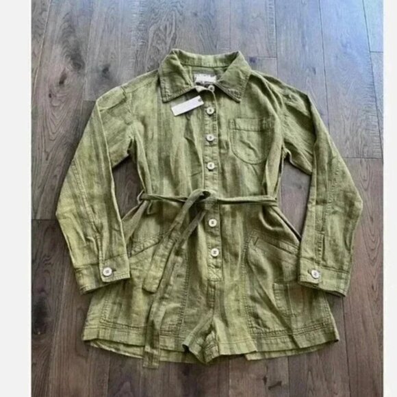 Pilcro Linen Belted Romper Jumpsuit Moss Green Stripe Size XXS NWT Anthropologie - Picture 2 of 7